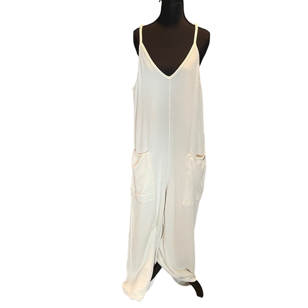 Simply Southern Cream Waffle Knit Wide Leg Jumpsuit Adjustable Straps  L Boho